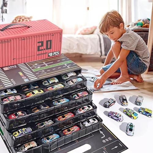 48/60 Mini Coches De Fricción con Garaje Integrado, Set de Coches de Juguete Pequeños con Retroceso, Vehículos de Acción Multifuncionales para Niños y Niñas en Fiestas, Juegos Caseros