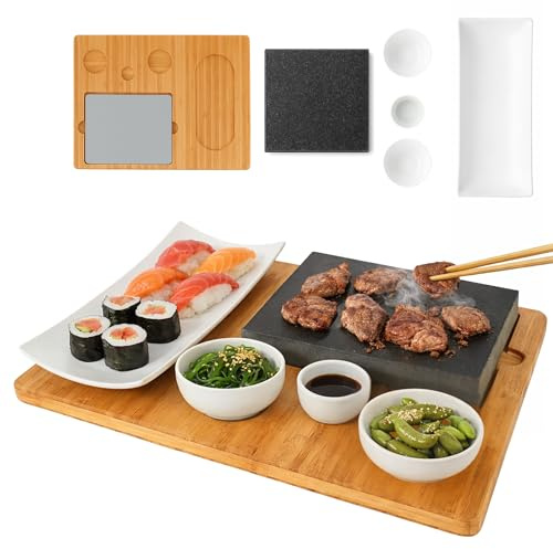 CAWI Lavasten, stekbräda, serveringsfat, bambubräda med het stengrill, biffgrillplatta, stenplatta, bordsgrillset