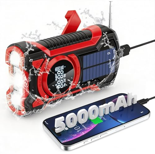 Gemmac Radio Solar Portátil de Emergencia con Bluetooth Radio Am/FM/SW con Manivela y Banco Energía de 5000 mAh con Linterna LED Alarma SOS Resistente al Agua IPX5 para Camping, Senderismo, Exterior