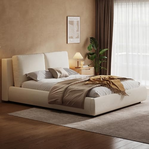 Merax 5FT King Size Bed Frame, Cloud-Style Upholstered Ottoman Bed with Boucle Fabric, Lift-Up Storage Frame with 2 Cushions and Removable Covers, Warm White, 150 x 200 cm