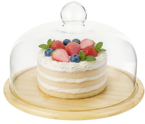 10.2 in Cake Tray with Glass Dome Stand, Wood Cake Plate and Serving Platter Holder for Birthday Wedding Party, Decorative Fruit Display Server Tray for Home Kitchen