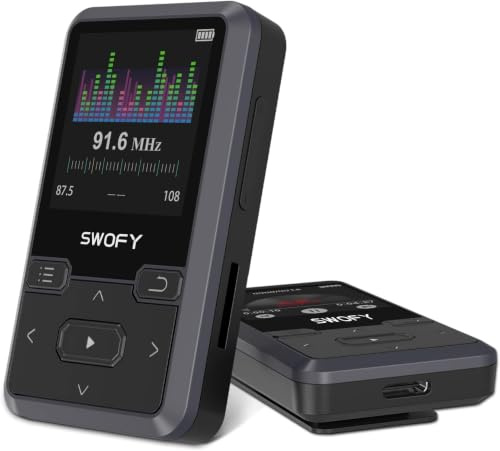 SWOFY Reproductor MP3 Bluetooth 5.0 con clip deportivo, mini reproductor de música portátil de 32 GB con auriculares, radio FM, podómetro, grabación de voz, admite tarjeta SD de hasta 128 GB (negro)