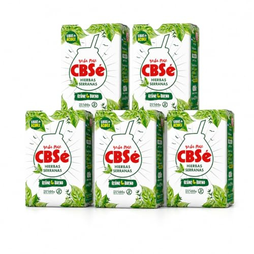 Pack 5 Yerba Mate Hierbas Serranas CBSe 500 g, 2,5 kg total, yerba mate compuesta con palo y hierbas serranas, con poleo peperina menta y cedrón, sabor herbal y refrescante.
