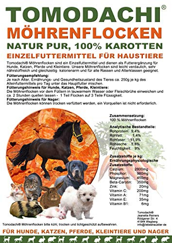 Karottenflocken, Möhrenflocken, Barf Zusatz Hund, Naturprodukt, Ergänzungsfutter Hund, Verdauung, Stoffwechsel, Immunsystem, Vitamine, Mineralien, BetaCarotin, kalorienarm, Diät, Tomodachi® 5kg Sack