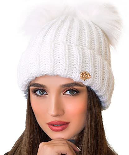 niceacsrise Beanie für Damen, 2 Bommeln, Zopfmuster, warme Fleece-Mütze, Wolle, Schnee-Manschette, Skimütze (US, Alpha, Einheitsgröße, Weiß)