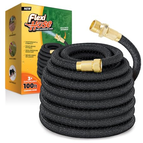 Flexi Hose Lightweight Expandable Garden Hose, 100FT -Retractable Garden Hose, Water Hose - No-Kink Flexibility, 3/4 Inch Solid Brass Fittings and Double Latex Core