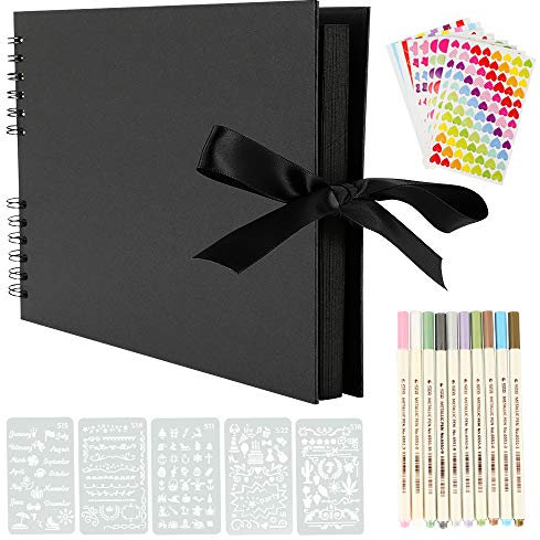 YILEEY Fotoalbum zum Selbstgestalten, Scrapbook 80 Schwarze Seiten Fotobuch zum Einkleben, 28x21cm Fotoalben, DIY Geschenk Scrapbooking Set mit Stiften Schablonen Aufkleber Fotoecken, MEHRWEG