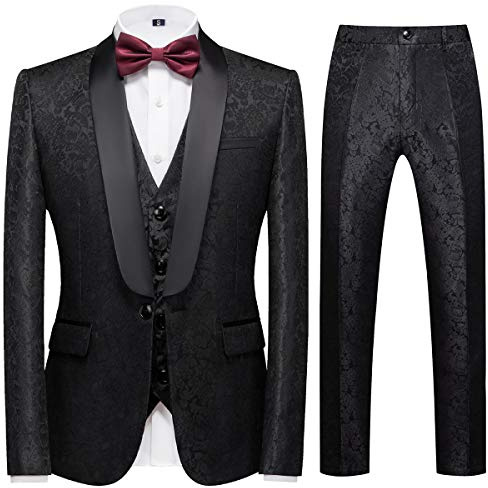 Sliktaa Men Three Piece Formal Jacquard Tuxedo Suit Wedding Set | Jacquard tuxedo jacket waistcoat trousers wide notched lapel flap pockets for weddings formal dinners parties and proms
