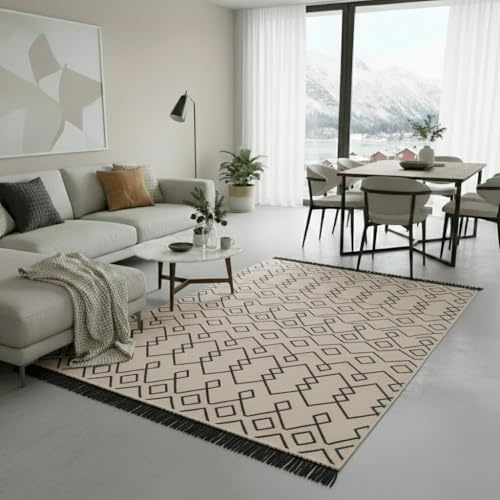 Jimri Teppich Läufer - Tepiche für Wohnzimmer, Schlafzimmer, Küche, Kinderzimmer, Badezimmer - Boho Kelim - Läufer Flur, Schwarz-Beige, Größe: 120x170 cm