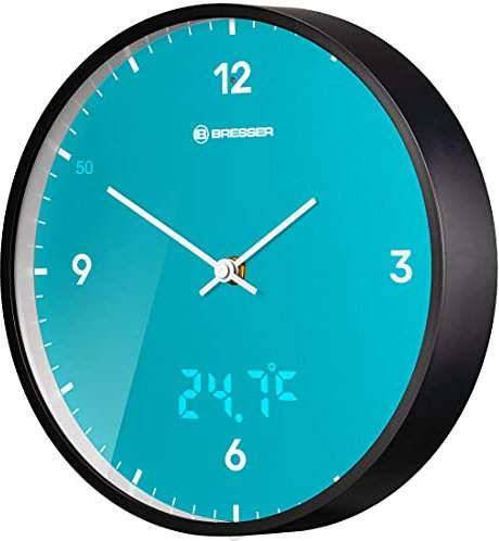 Bresser MyTime LEDsec Horloge Murale Radio-pilotée avec Grand Cadran de 24 cm, Affichage des Secondes LED, température intérieure et Mouvement Radio-piloté Silencieux, Bleu Ciel