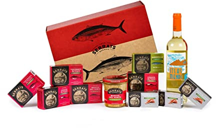CONSERVAS SERRATS - Caja Regalo - Cantábrico maridada con Txakoli -10 Conservas Gourmet y 1 botella - Bonito del Norte, Anchoas y Sardinillas - Elaboración Artesanal Vasca