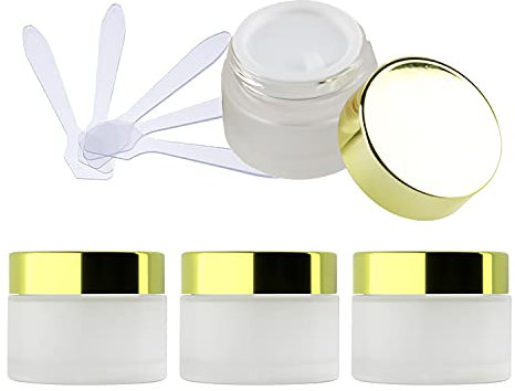 ZEOABSY 4 Stück Leere Matt Transparent Glas Cremedose 50ml mit Gold Deckel, Klarglas Schraubdeckel Glas-Tiegel Schraubdose Glas-Dose Salbentiegel Kosmetik-Dose für Gels Cremes + 4X Spatel
