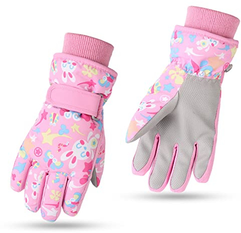 Waterproof Kids Winter Gloves Cartoon Boys Girls Snow Mittens Warm Outdoor Ski Gloves with Fleece Lining (Pink, 4-6 Years)
