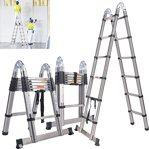 1.9M+1.9M Multifunctional Foldable Telescopic Herringbone Ladder - A-Shaped/Straight, Heavy Duty Anti-Tilt Stainless Steel, 12 Steps Fully Extended to 3.8M/12.5FT