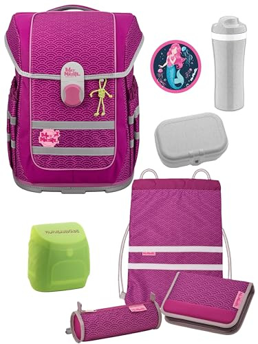 Familando - McNeill ERGO COMPLETE Schulranzen Set - 8-teilig mit Lunch-Set - Meerjungfrau - Ergonomisch & 3-fach verstellbar - 1150g leicht mit 20L Volumen & Reflektoren - aus recyceltem Ocean Plastic