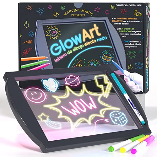 Marvin's Magic - GlowArt Glow Tablero de Dibujo con Efecto neón - Soporte Incorporado - 4 Bolígrafos Mágicos Fluorescentes - Juguetes para Niños (Negro)