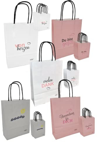 Wedie 25 Geschenktüten mit Henkel im Set I je 5 Stück Papiertüten mit Henkel I Geschenktaschen aus Kraftpapier I Geschenktüte Danke zum Befüllen von Gastgeschenken I Hochzeit Weihnachten