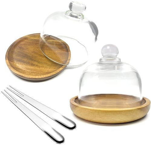 2 Pack Wooden Base Mini Cake Display Stand with Glass Dome,Cloche Clear Glass Bell Jar Cover for Dessert Cheese Candy Plants Succulents (4.1 x 3.7 Inch)