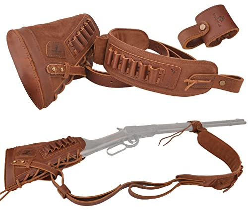 Leather Gun Buttstock Cheek Rest Pad with Matched Sling and Loops, No Drill/No Mounts Needed (Brown (.357 .30-30 .38), Righty Handed)