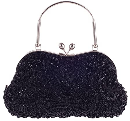 Egurs Abendtasche Damen Elegant Handtasche Vintage Perlen Pailletten Clutch Handtasche Schultertasche Abschlussball Taschen Brauttasche Hochzeit Braut Party Zubehör Schwarz