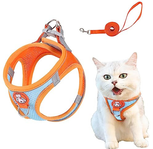 BSITSSS Katzengeschirr mit Leine für Katzen, Katzen Geschirr mit Reflektierenden Streifen, Anti-Flucht-Mechanismus, Größe: Halsumfang 24-30 cm, Brustumfang 30-36 cm, Farbe: Blau, Orange