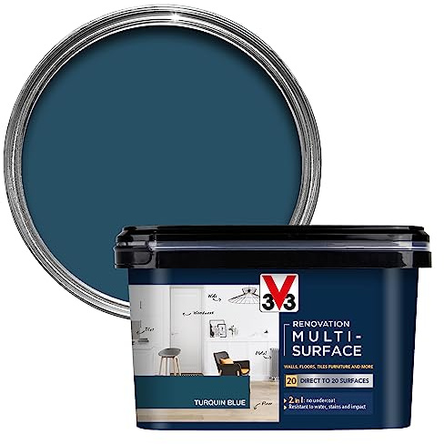 V33 Renovation Multi-Surface Paint, Turquin Blue Satin, 2L | Direct to over 20 surfaces, No undercoat needed, Water & impact resistant, Ultra durable, Resists flaking & peeling