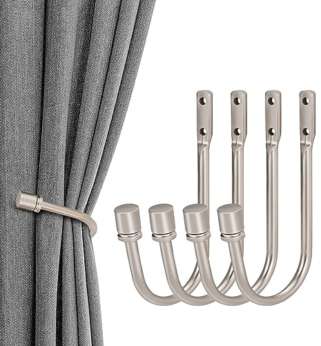 4 Pcs Curtain Holdbacks, Wall Mounted Metal Drapery Tiebacks, Decorative Curtain Tieback Hook, Heavy Duty Metal Window Drapery Holder, Silver