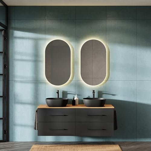Planetmöbel LUX Badmöbel Set Waschbecken mit Unterschrank | 140 cm, 2 Aufsatz-Waschbecken 42 cm schwarz, 2 Spiegel 50 cm (ohne LED) Waschbeckenunterschrank Gold Eiche/Anthrazit