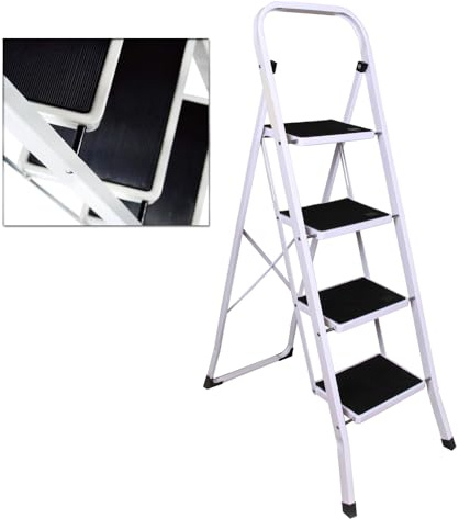 4 Step Ladder Folding Stepladder Heavy Duty Steel Ladder with Safety Handrail, Non-Slip Treads & Anti-Slip Feet for Home/Kitchen/Garage/Office/Market/Garden, 150KG Max Capacity