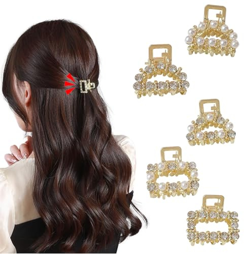 BSITSSS 5 Pezzi Mini Mollette Capelli Donna, Metallo Pinzette Capelli, Perle Mollette Capelli Donna, Diamanti Cristallo Piccole Pinze per Capelli, Mollette Capell per Donne e Ragazze
