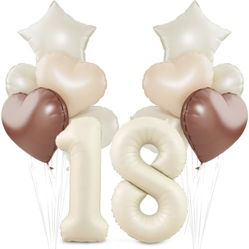 Beige Luftballon 18.Geburtstag,Cremeweiß 18. Geburtstag Ballon Deko,XXL 40 Zoll luftballon 18.，Beige Aprikose Braun Herz Stern Folienballons，für 18 Jahre Geburtstagsdeko Jubiläum Party Dekoration