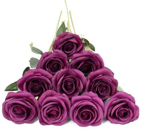 DuHouse 10Pcs Artificial Roses Fake Silk Flowers Realistic Bridal Bouquets with Single Long Plastic Stems for Arrangement Wedding Table Centerpiece Party Home Decor(Plum)