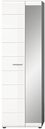 furnling Garderobenschrank Samuel, Flurschrank mit Spiegel, Aufbewahrungslösung, mit 1 Tür und 1 Spiegeltür, 5 Fächer innen, FSC Zertifiziert, Garderobenmöbel, Flurmöbel, weiß und rauchsilber