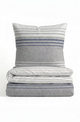 biberna Premium Melange-Flanell Bettwäsche 135x200 cm blau | Biber 2-teilig mit Kissenbezug 80x80 cm | 100% Baumwolle | wärmend & weich | Reißverschluss | Winterbettwäsche | Streifen | Modell 0840516