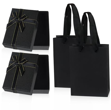 Nwvuop 2 Stück Schmuck Geschenkbox mit Geschenktüten, 9× 7× 3 cm kleine Geschenkbox mit Deckel Ohrring Ring Halskette Geschenk-Box Schmuckschachtel(Schwarz)