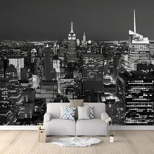 Carta da Parati Moderna Vista Notturna Di New York City Grigia 250x175 cm Poster Gigante Carta da Parati, Tessuto Non Tessuto Fotomurale Carta da Parati, per Camera Letto, Soggiorno, Corridoio
