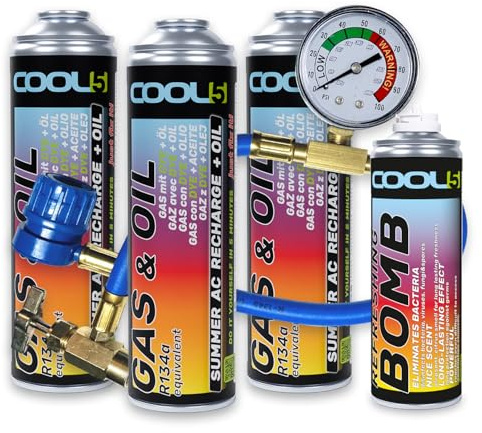 Cool5 Ersatzkältemittel r134a für Autoklimaanlagen – 3 Dosen 2in1, 290g + Druckschlauch mit Manometer + Auto-Lufterfrischer, 136g