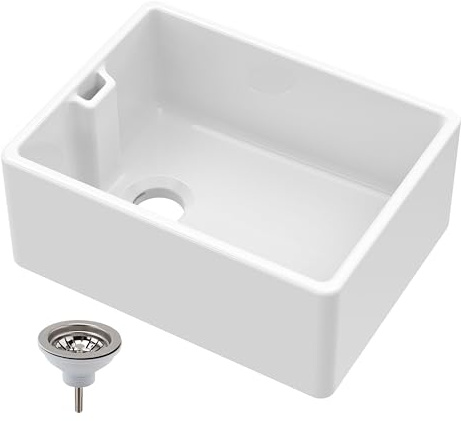 Balterley 595mm Belfast Kitchen Sink Single Bowl with Waste & Built-in Weir Overflow, Durable Belfast Fireclay White Ceramic Kitchen Sink Bowl, Reversible Farmhouse Sinks - 595 x 455 x 245mm (White)