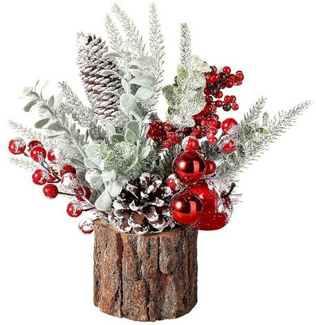 Mini-Weihnachtsbaum, Kleiner Beflockter Kiefernbaum Im Topf mit Holzstumpfsockel, Mattierter Weihnachtstischaufsatz mit Roten Beeren, Tannenzapfen und Schildern, für die (A)