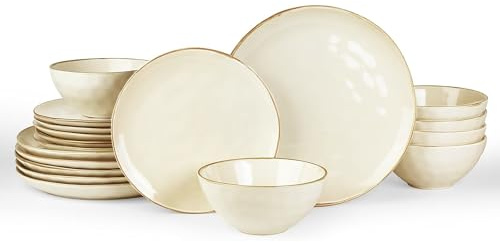 Richmount Ocean 18 Piece Dinner Set, Stoneware 3D Wave Relief Irregularly Shaped Plates and Bowls Set, Reactive Glaze Dinnerware Sets for 6, Dishwasher & Microwave Safe, Stylish & Durable, Beige