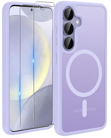 TQIAHF Magnetic Phone Case Cover for Samsung Galaxy S25 5G / S24 5G,Purple | with 2 Tempered Glass Screen Protector Compatible with MagSafe Military Grade Shockproof Protective Slim Translucent Matte