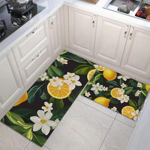 MULERN Küchenteppiche 2 Stück Rutschfestes Küchenmatten, Zitronenblüten Wasser Und Öl Aufnehmen Küche Matten Fußmatte, Obst Küchen Teppich Set, Festival Für Geschenke 40X60Cm+40X120Cm