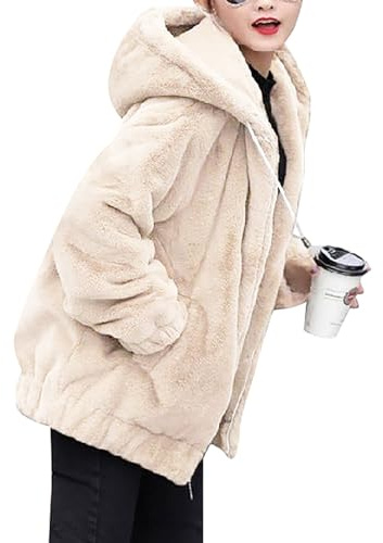 FUPODD Fleecejacke Damen Mit Kapuze Winterjacke Damen Warm Gefüttert Übergangsjacke Teddyfell Kuscheljacke Flauschig Jacke Winter Teddyjacke Frauen Einfarbig Plüschjacke Mit Taschen Mantel Plüsch