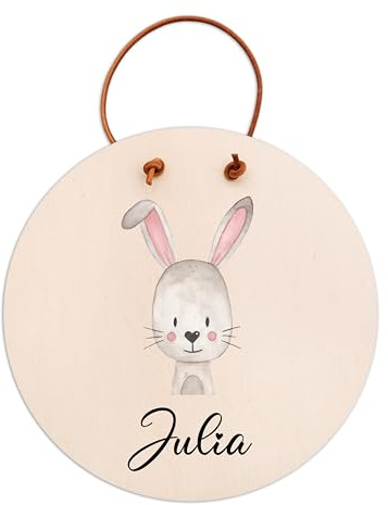 wunderwunsch Türschild Kinderzimmer, Namensschild, Holzschild Kinder personalisiert, Kids and Baby, Deko Babyzimmer individualisiert (Hase, 20cm Durchmesser)