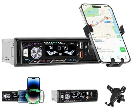 Hikity Autoradio 1 Din Bluetooth 5.0 con Supporto Porta Telefono, 360 Gradi di Rotazione per Navi, Radio con Bluetooth 2 USB/Ricarica Rapida/U Disk/FM/TF/AUX/4 * 45W