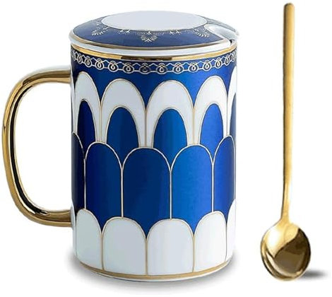 Taza Taza de Café de Cerámica de 350ML, creativa taza de café pintada en oro, taza multifuncional for café, leche, jugo de Moca Con asas(Blu)