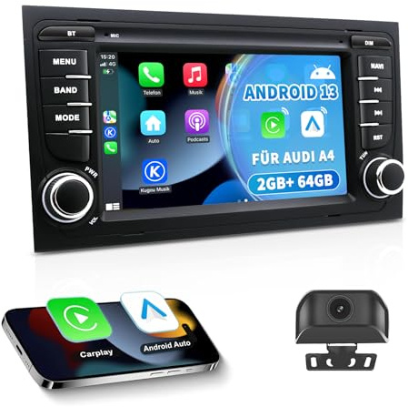 Autoradio pour Audi A4/S4/RS4 B6/B7 2002-2008 avec CarPlay Android Auto | Caméra de Recul, Bluetooth, GPS Navigation, FM, Wi-Fi, Commande au Volant, 2+64Go Android Poste Radio, Écran Tactile 7 Pouces