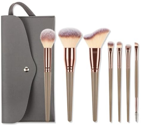 KEWUF Pinceaux Maquillages, Lot de 7 Set Pinceaux Maquillage Professionnel avec Trousse en Cuir PU, Kit Pinceau Maquillage Champagne Doré Trousse Makeup Brushes pour Fond de Teint Mélange de Poudre