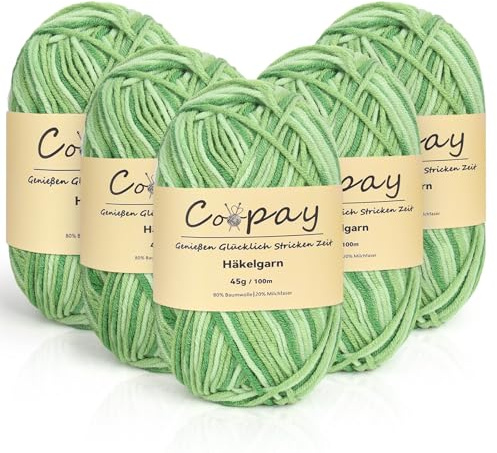 Coopay Wolle zum Häkeln, 5 x 45g Farbverlauf Häkelgarn, 5-Fädig Wolle zum Stricken, Weicher Häkelgarn Mehrfarbig, Bunt Garn zum Stricken Häkeln, Schönes Acrylgarn für Anfänger,Apfelgrün