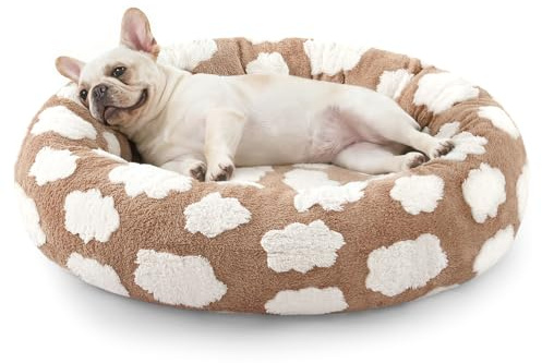JOEJOY Donut Small Dog Bed, Round Cat Beds for Indoor Cats with Removable Washable Cover, Orthopedic Cute Puppy Kitten Pet Bed with Jacquard Shaggy Plush & Non Skid Bottom, Black
